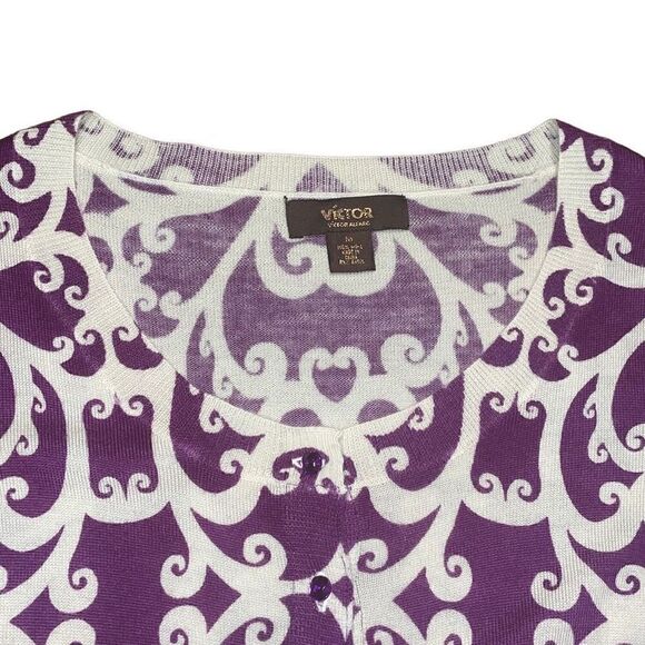 Victor Alfaro wool purple & white button front scoop neck cardigan M - Picture 5 of 11